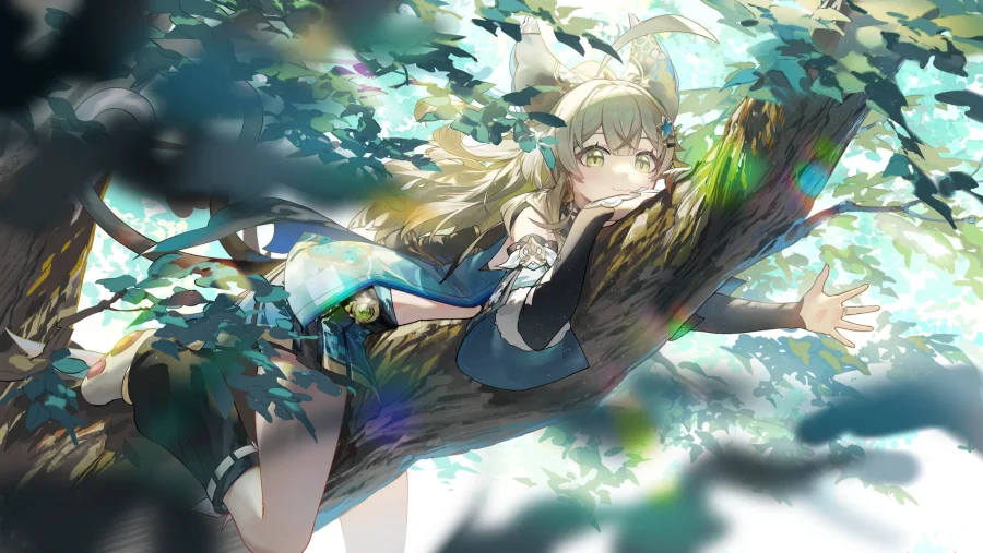 2k树叶壁纸-猫女-微笑着背景-猫尾巴「哲风壁纸」