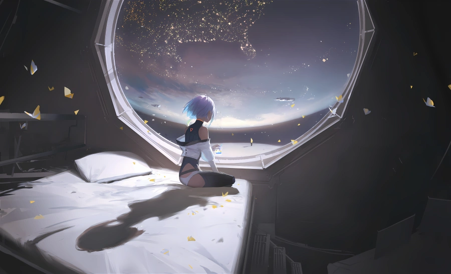 4k行星星眼壁纸-窗户壁纸-回声涂鸦壁纸-坐在床上「哲风壁纸」